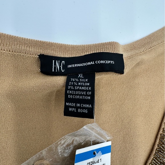 NWT INC International Concepts Gold Tan Holiday Sweater Gold Beading on V Neck - Picture 9 of 13